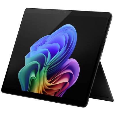 Ein schwarzes Tablet mit integriertem Standfuß zeigt ein buntes, wirbelndes Muster auf dem Bildschirm vor schwarzem Hintergrund.