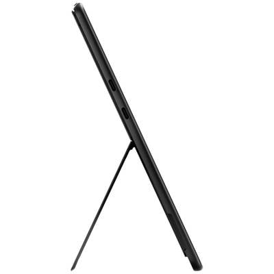 Seitenansicht eines Tablets auf einem ausklappbaren Ständer. Zwei USB-Anschlüsse an der Seite sichtbar.