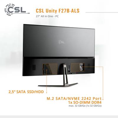 Ein All-in-One-PC mit der Bezeichnung 'CSL Unity F27B-ALS', 27 Zoll. Rückansicht zeigt Anschlüsse, einschließlich 1x SATA und 1x NVMe.