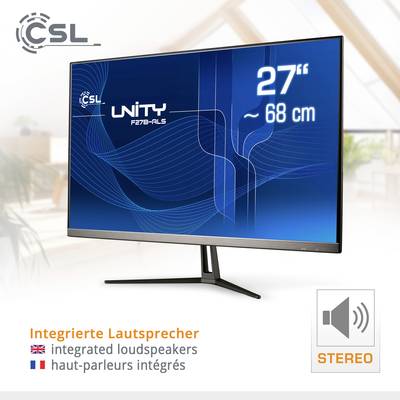 Ein Monitor mit der Aufschrift 'CSL Unity'. Bildschirmgröße: 27 Zoll (68 cm). Hat integrierte Lautsprecher für Stereo-Sound.