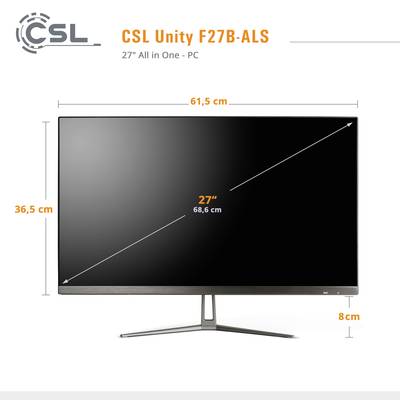 Ein 27 Zoll Monitor-PC mit den Maßen 61,5 cm in der Breite, 36,5 cm in der Höhe und 8 cm in der Tiefe, gezeigt mit grauem Rahmen.