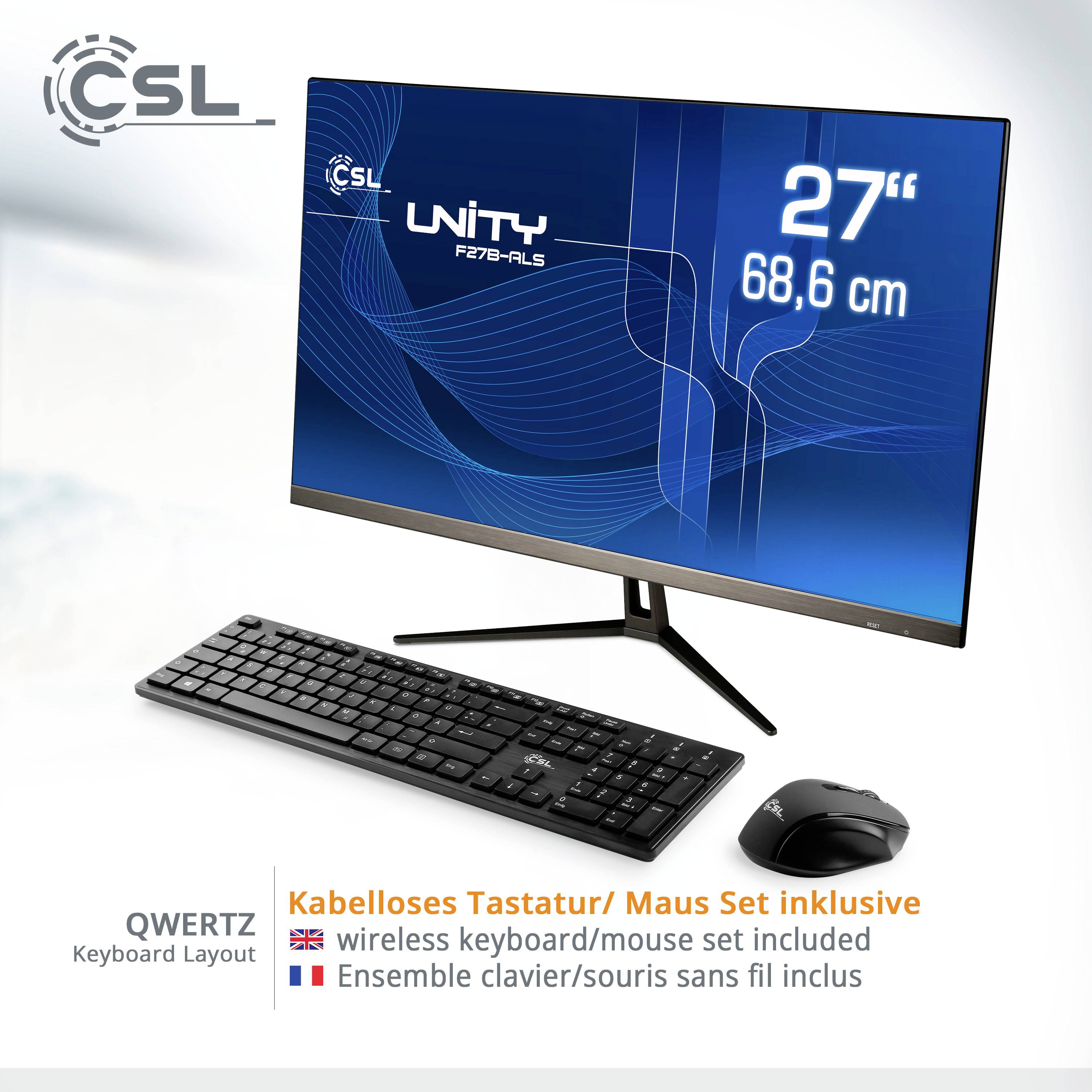 'Flacher Computerbildschirm mit der Aufschrift "CSL Unity F27B-A11Z", 27 Zoll. Enthält kabelloses QWERTZ-Tastatur- und Maus-Set.'