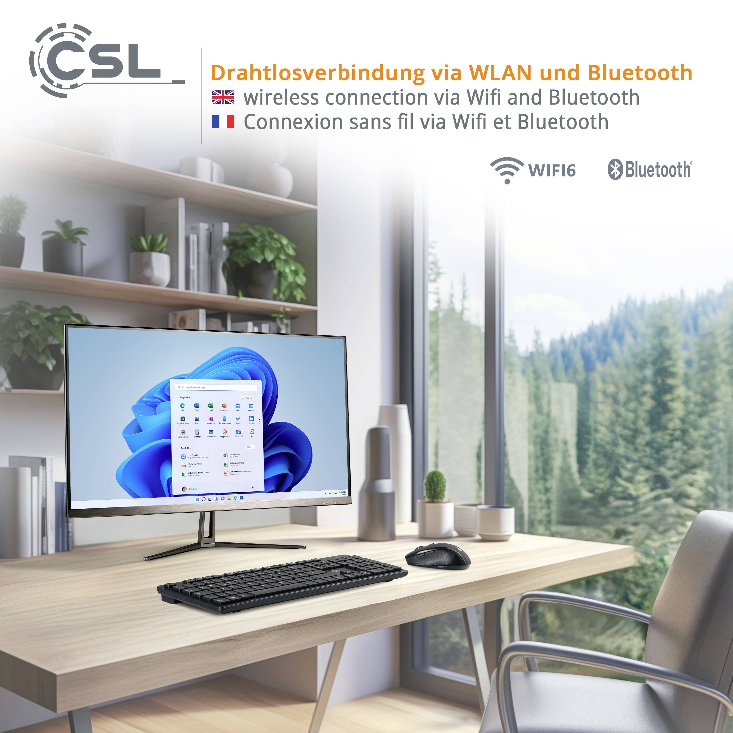 Moderner Schreibtisch mit großem Bildschirm, der Netzwerkverbindungsmöglichkeiten per WLAN und Bluetooth anzeigt.
