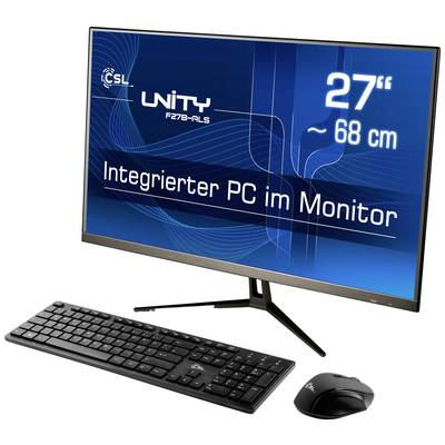Ein Monitor mit 'Integrierter PC im Monitor', 27 Zoll (68 cm) Bildschirm, daneben eine schwarze Tastatur und Maus.