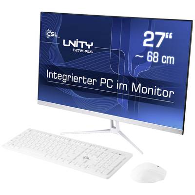Ein weißer Monitor mit integriertem PC, Tastatur und Maus. Der Bildschirm zeigt 'UNITY F27W-ALS, 27" ~ 68 cm, Integrierter PC im Monitor'.