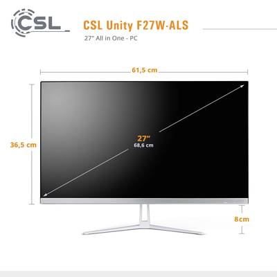 'CSL Unity F27W-ALS' Monitor, 68,6 cm (27"), All-in-One-PC, Maße: 61,5 cm Breite, 36,5 cm Höhe, 8 cm Tiefe, schwarzes Display mit Standfuß.