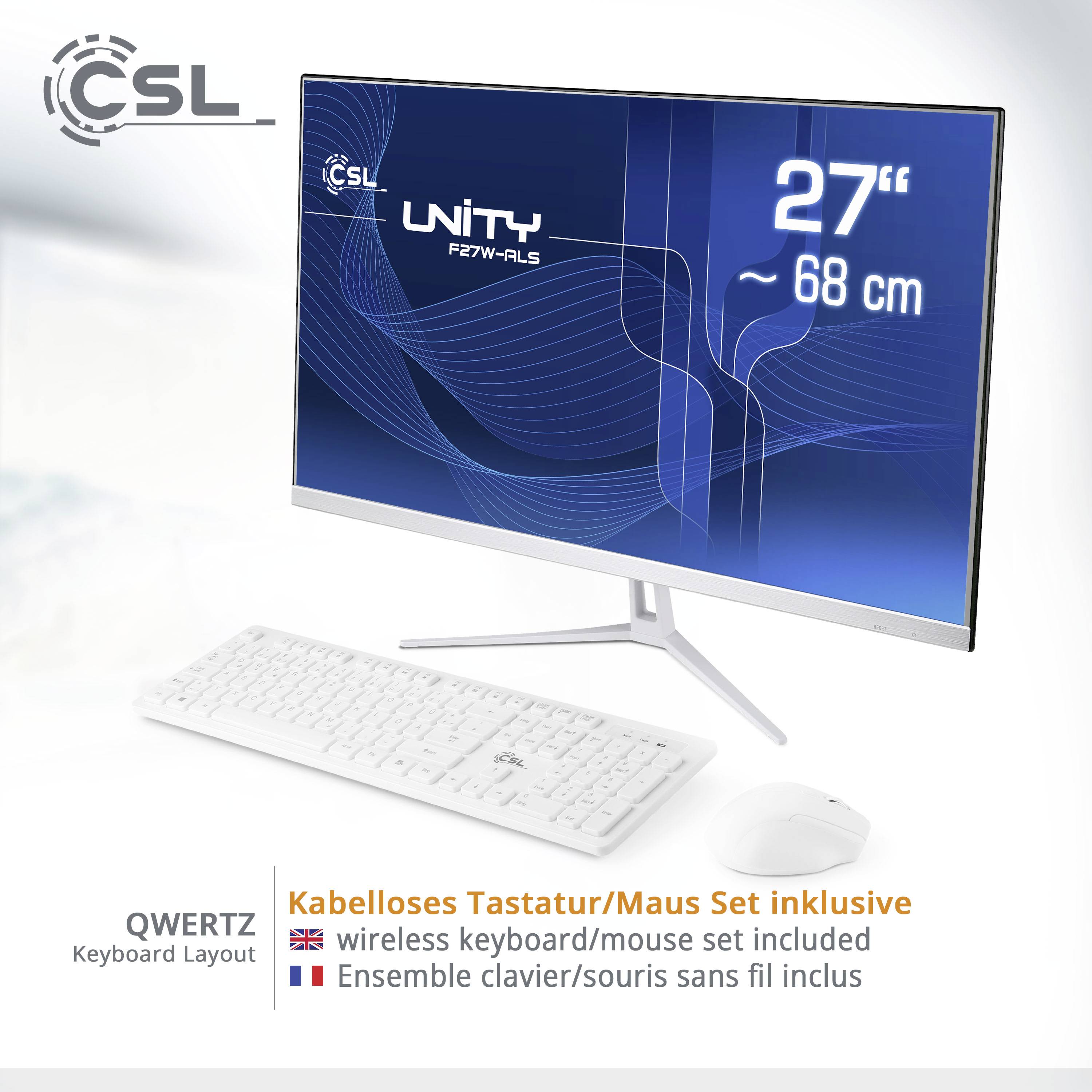 'Eleganter Monitor mit 27 Zoll, inklusive QWERTZ kabelloses Tastatur/Maus-Set. Bildschirm zeigt CSL Unity Grafik.'