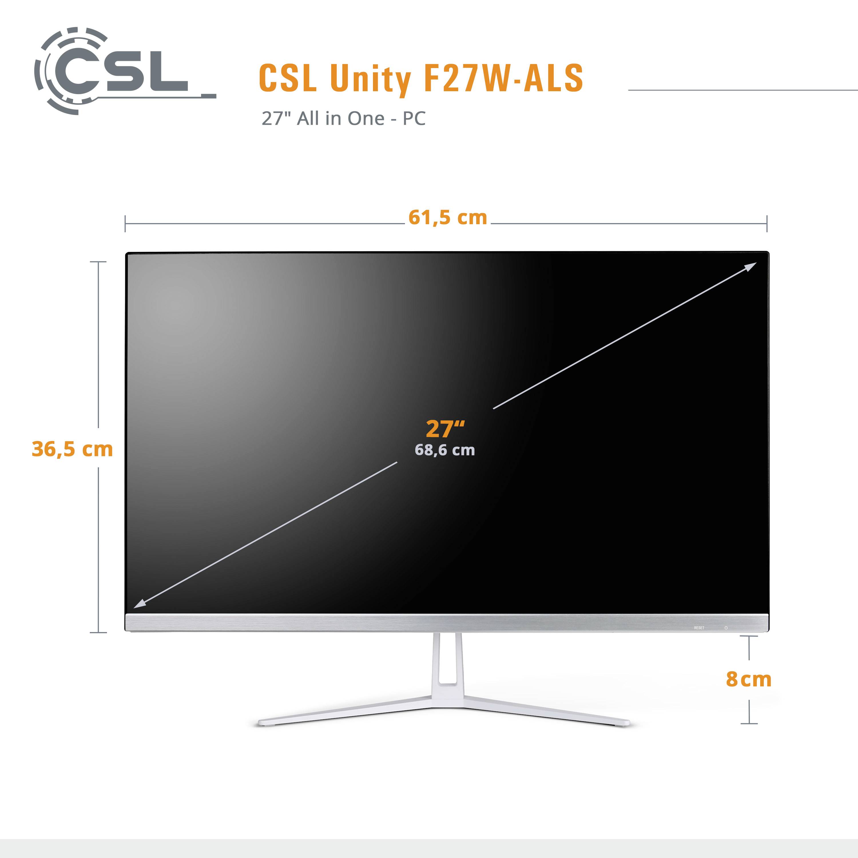 Bild eines CSL Unity F27W-ALS All-in-One-PCs. Der Bildschirm hat eine Diagonale von 27 Zoll. Maße: 61,5 cm Breite, 36,5 cm Höhe, 8 cm Rahmen.
