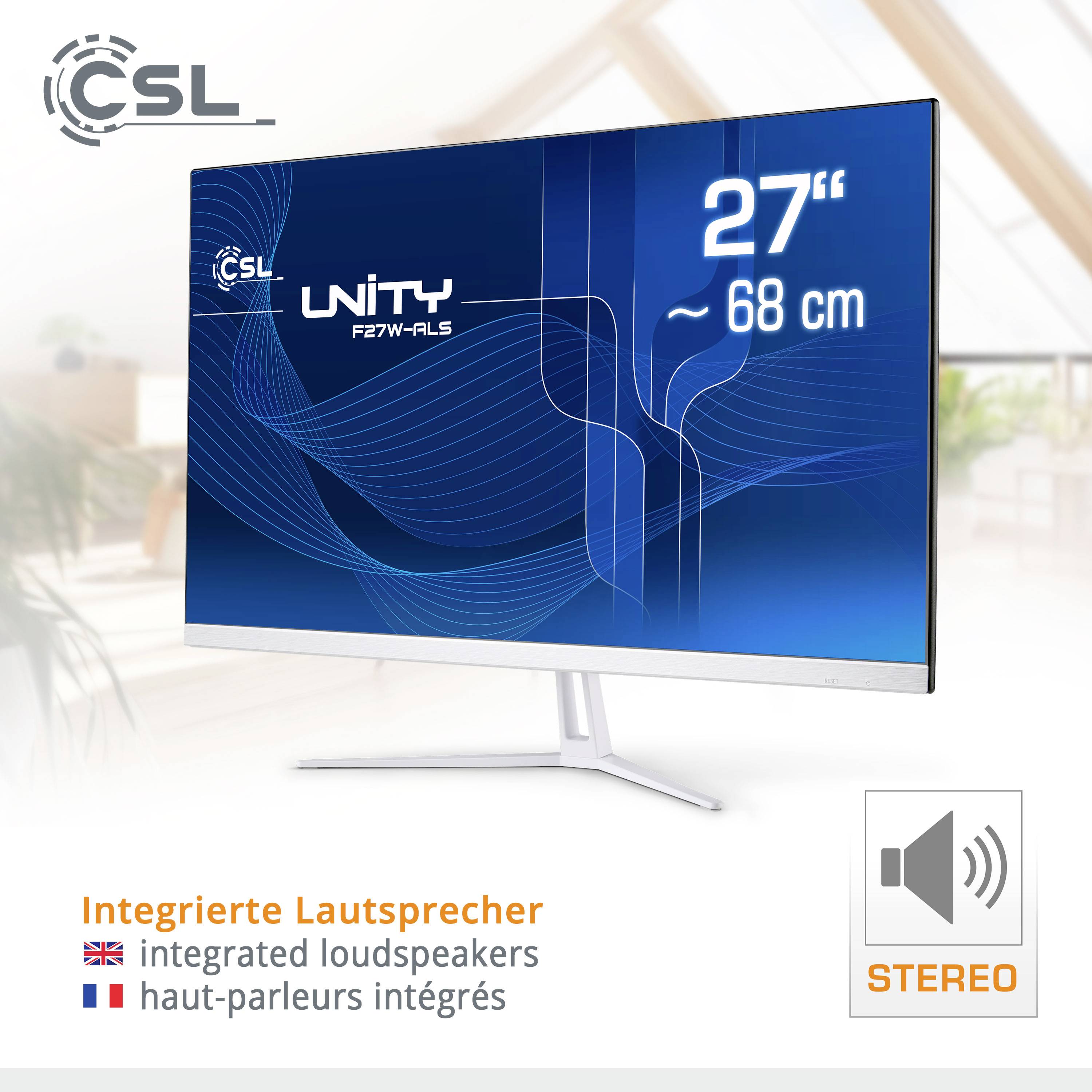 'Monitor, 27 Zoll Bildschirm mit integrierten Lautsprechern. Marke: CSL Unity F27W-4KS. Funktion: Stereo-Sound. Ästhetisch modernes Design.'