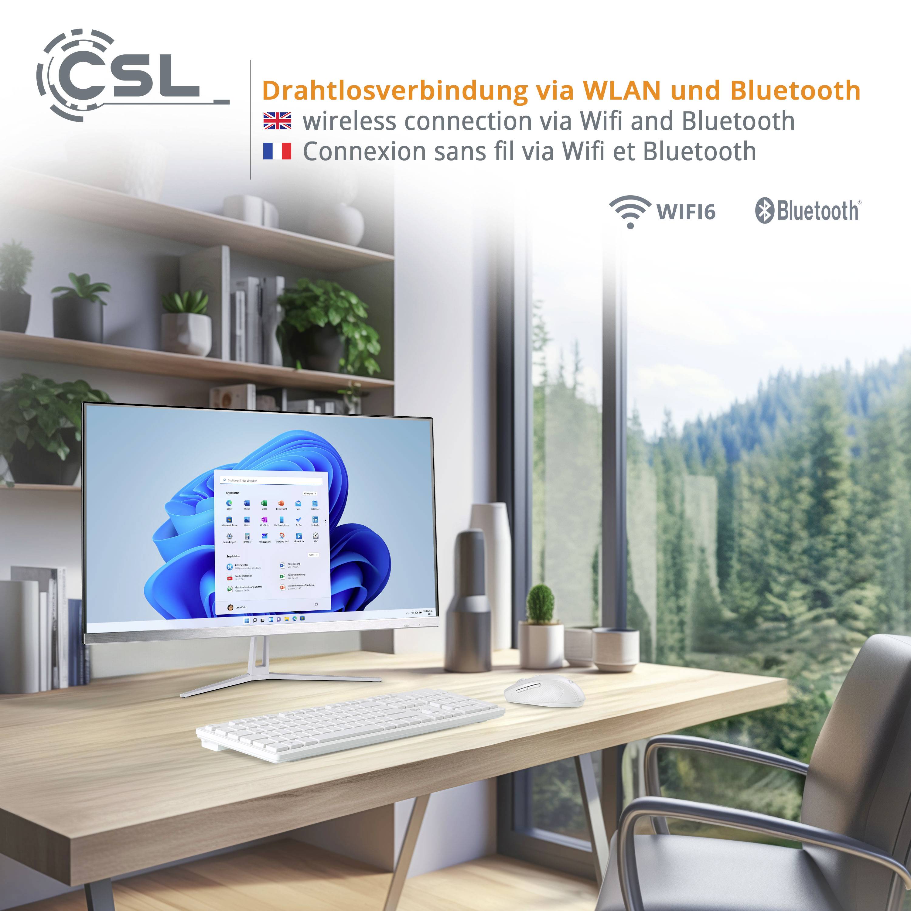 Ein moderner Arbeitsplatz mit Computer zeigt eine drahtlose Konnektivität über WLAN und Bluetooth. Fensterblick auf Waldlandschaft.