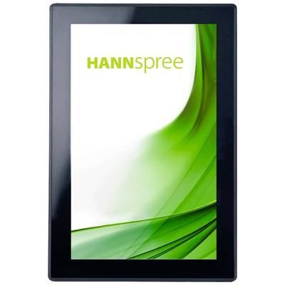Tablett mit schwarzem Rahmen und Display, das das Logo 'HANNspree' in grüner Schrift auf weißem Hintergrund zeigt.
