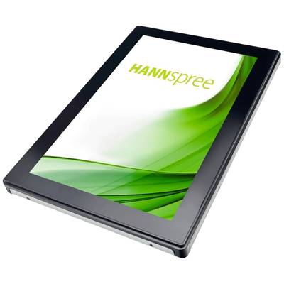 Ein elektronisches Gerät zeigt das 'HANNSpree'-Logo auf einem grünen, abstrakten Hintergrund. Das Design wirkt modern und schlank.