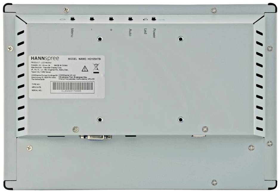 'Rückansicht eines Monitors mit Modellname und technischen Details auf einem Aufkleber. Ports und Lüftungsschlitze sichtbar.'