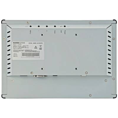 'Rückansicht eines Monitors mit Modellname und technischen Details auf einem Aufkleber. Ports und Lüftungsschlitze sichtbar.'