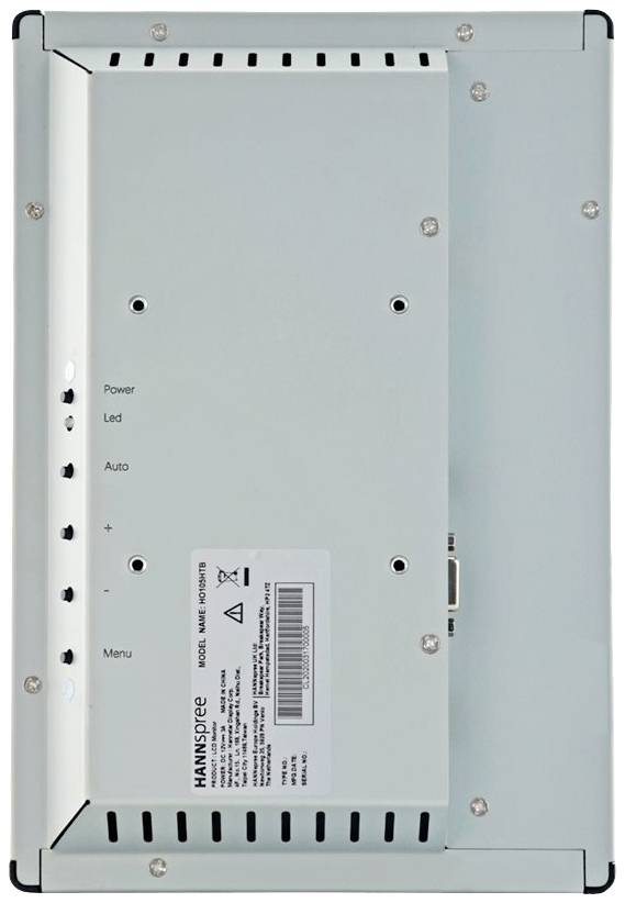 Elektronisches Gerät von hinten mit verschiedenen Anschlüssen und einem Typenschild in der Mitte.