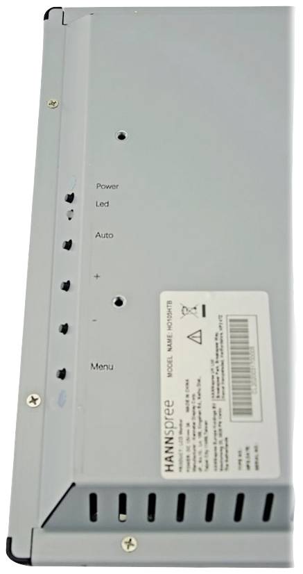 Metallgehäuse eines Monitors mit Knöpfen und Etikett. Knöpfe sind für Power, LED, Auto, +, -, Menü.