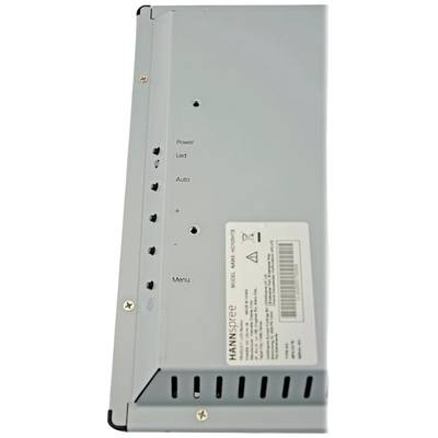 Metallgehäuse eines Monitors mit Knöpfen und Etikett. Knöpfe sind für Power, LED, Auto, +, -, Menü.