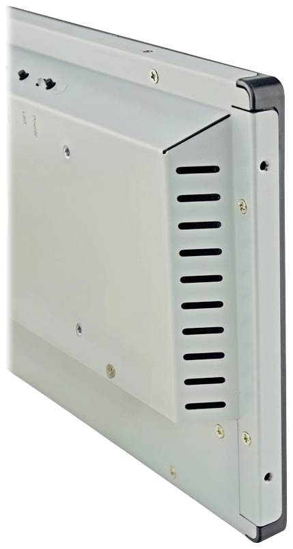 Gezeigt wird eine Wandhalterung mit Lüftungsschlitzen, schräg von hinten fotografiert. Sie besteht aus Metall und ist grau.