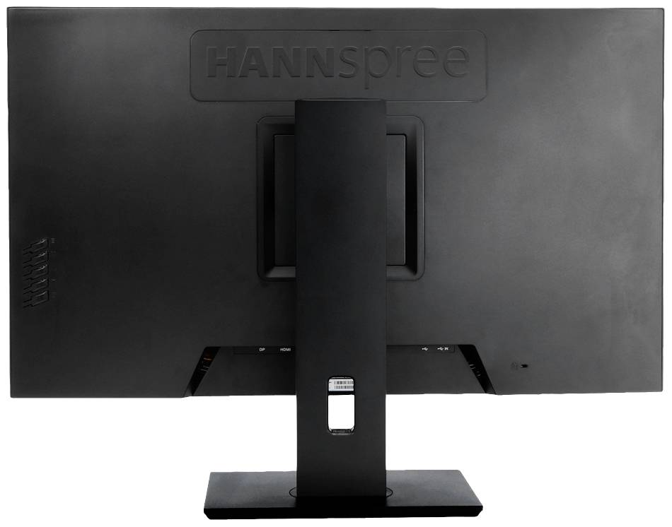 Ein schwarzer Computermonitor von hinten, mit dem Markennamen oben sichtbar. Der Monitor steht auf einem rechteckigen Sockel.