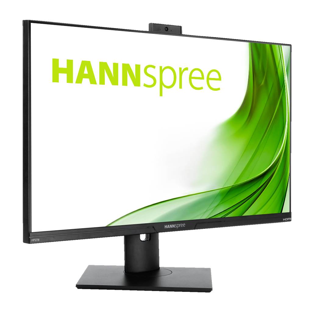 Ein Monitor mit der Aufschrift 'HANNspree' auf dem Bildschirm, zeigt einen grünen, abstrakten Hintergrund.