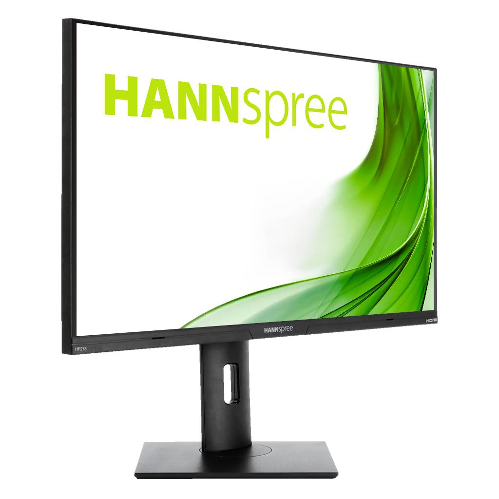 Flachbildschirm-Monitor mit schwarzem Rahmen und Standfuß, zeigt 'HANNspree' und grüne Grafiken auf dem Bildschirm.