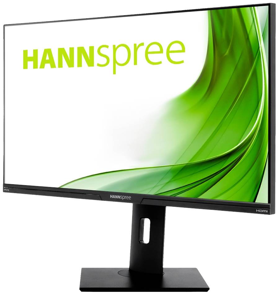 Ein schlanker Computerbildschirm mit der Aufschrift 'HANNspree' in grün, zeigt einen modernen, minimalistischen Designstil.