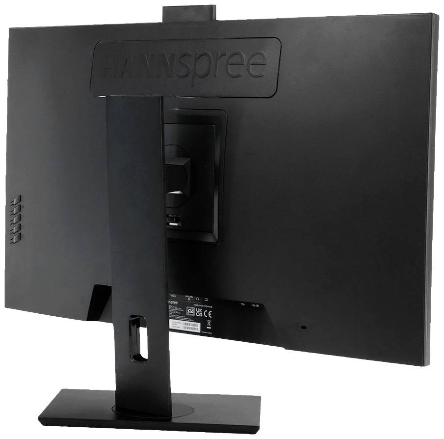 Ein schwarzer Computermonitor von hinten, mit einem stabilen Standfuß. Die Marke 'Hannspree' ist oben eingeprägt.