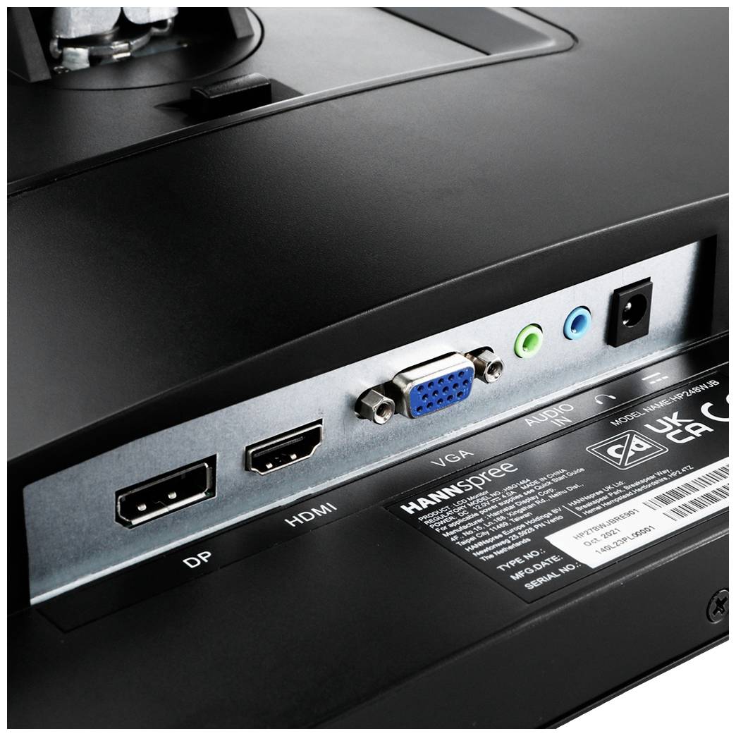 Rückseite eines Monitors mit Anschlüssen: DisplayPort, HDMI, VGA, Audio. Hersteller- und Modellinformationen auf einem Etikett sichtbar.