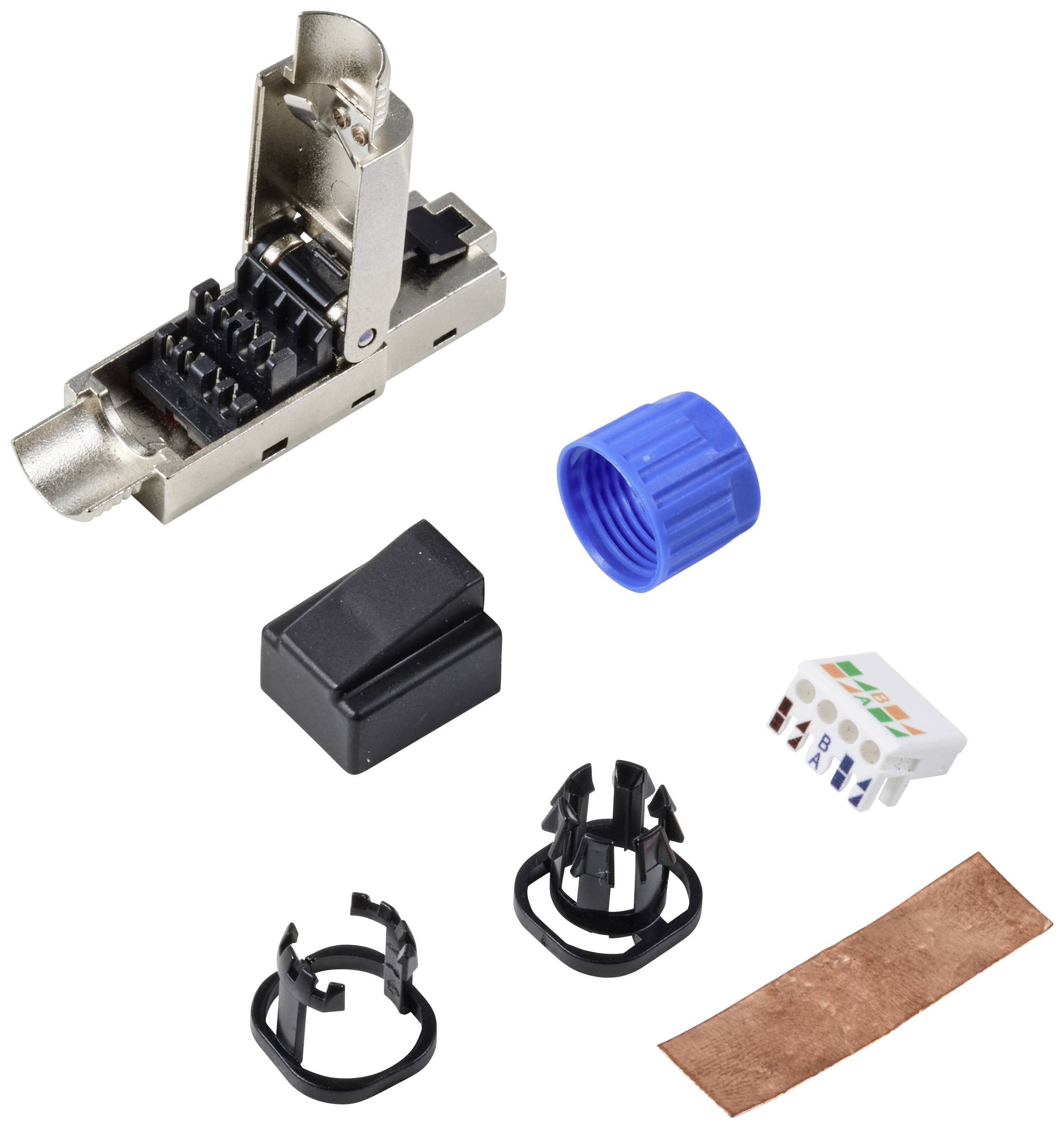 Teile eines RJ45-Steckersatzes: Metallgehäuse, blaue Verschlusskappe, schwarze Abdeckungen, Kabeleinführung und Anschlussteil.