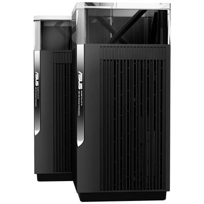 Zwei schwarze Computergehäuse mit vertikalen Lüftungsschlitzen und transparentem oberen Teil, jeweils mit 'ASUS'-Logo.