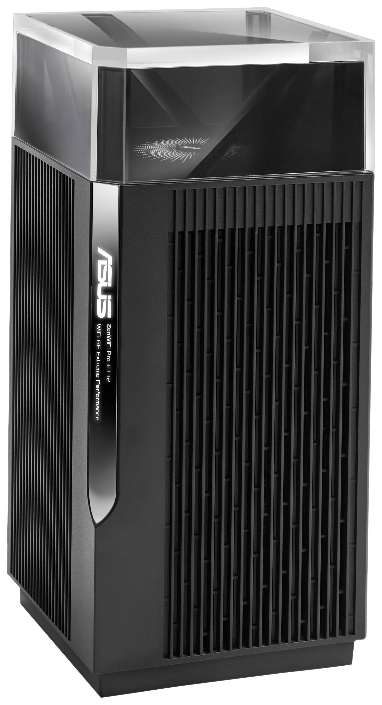 Hochwertiger, schwarzer Gaming-Desktop-PC-Tower mit frontalem Lüftungsgitter und transparentem oberen Bereich.