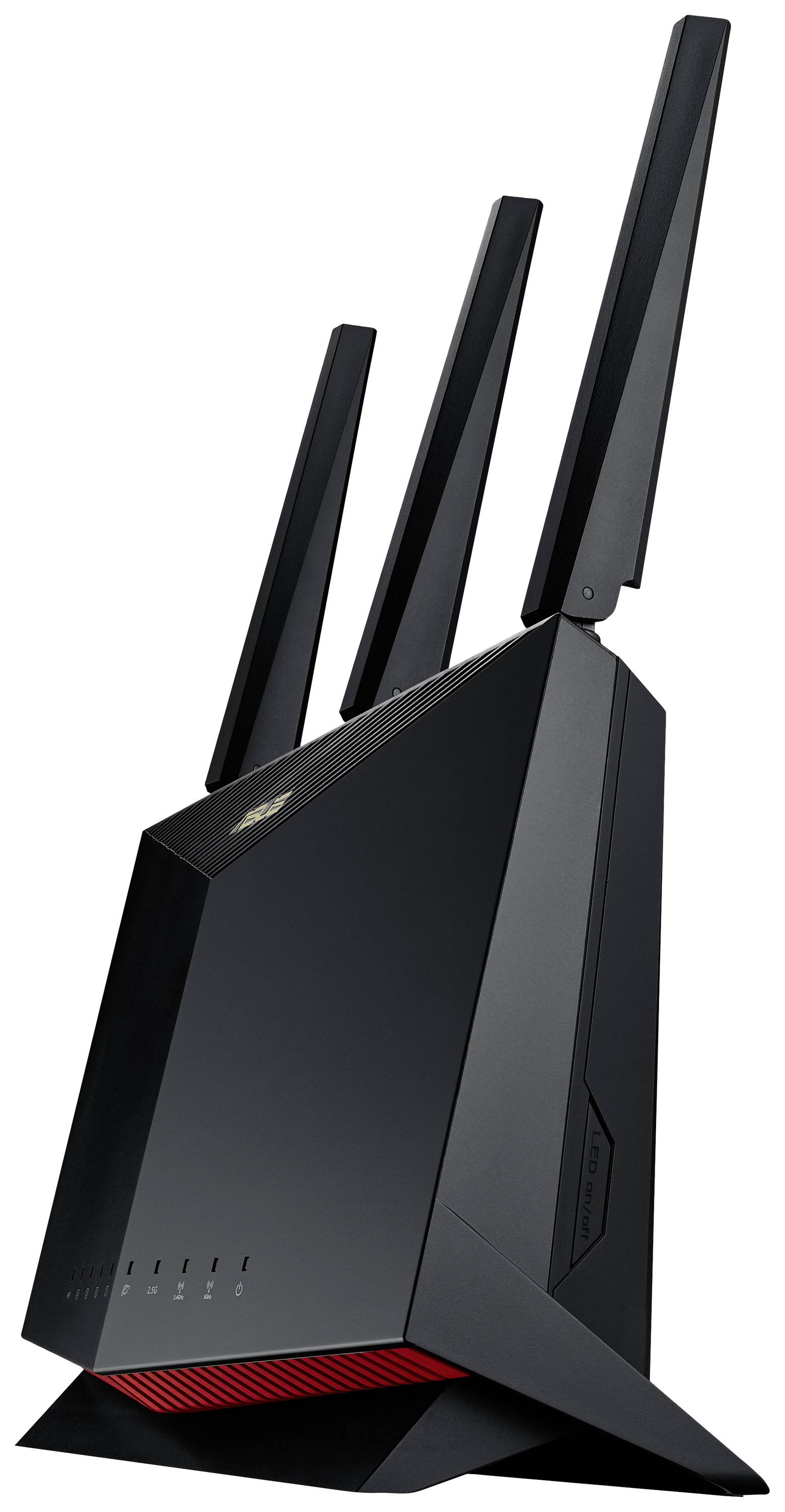 Ein schwarzer WLAN-Router mit drei Antennen, die nach oben ragen. Moderne, futuristische Form mit Lüftungsschlitzen unten.