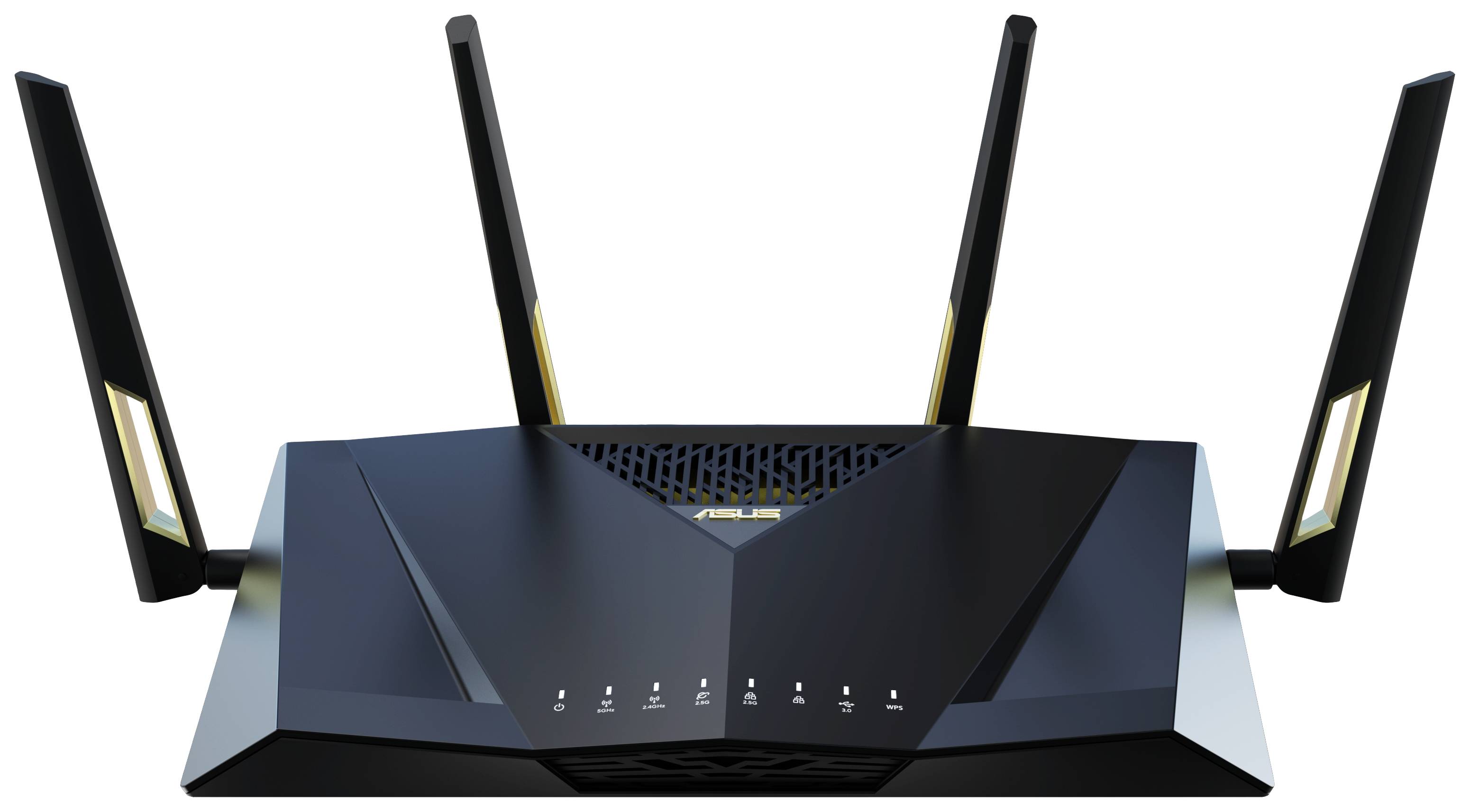 WLAN-Router im modernen Design mit vier Antennen, geeignet für schnelle Internetverbindungen und stabile Netzabdeckung.