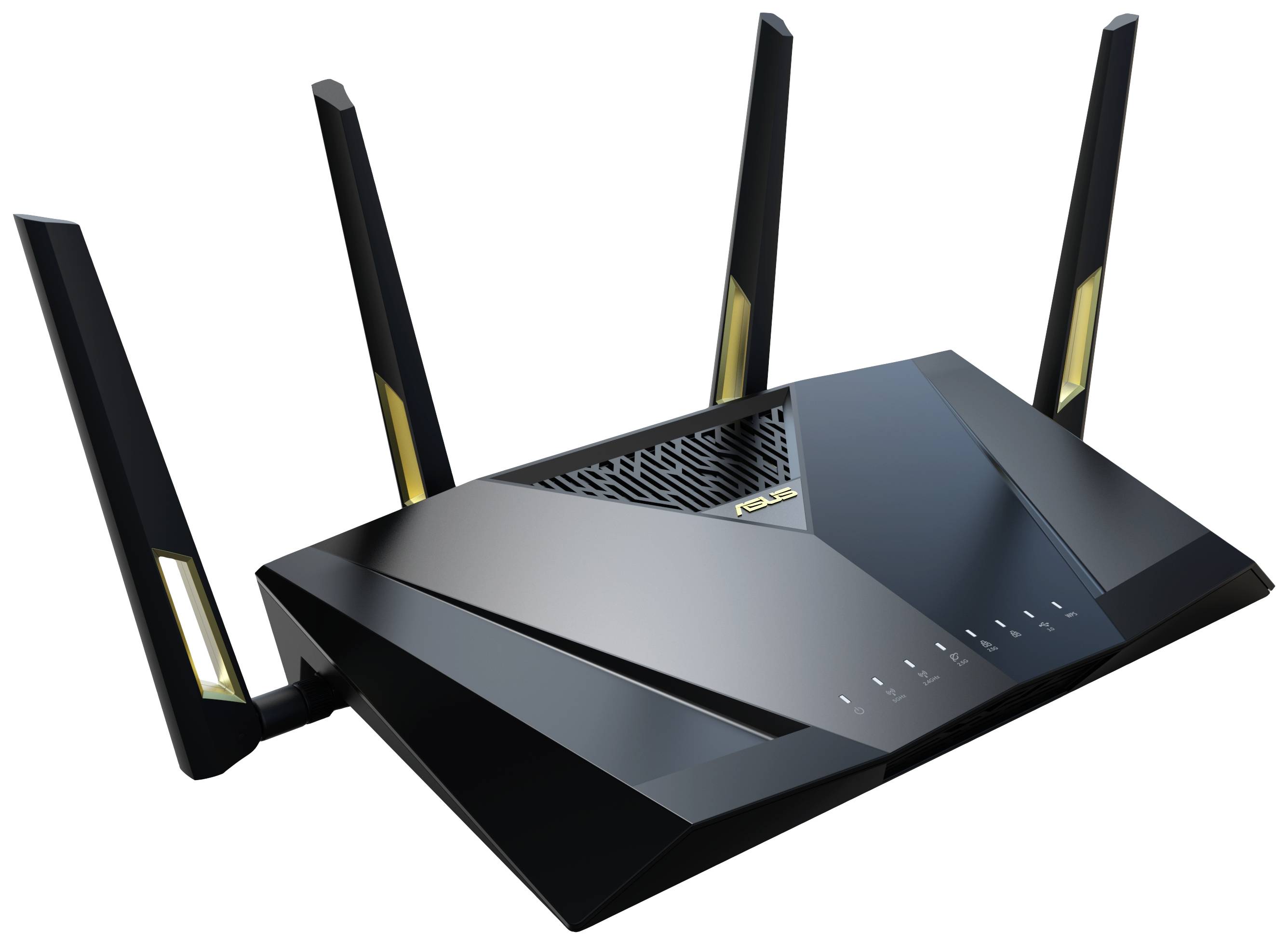Schwarzer WLAN-Router mit vier Antennen für verbesserte Signalstärke.