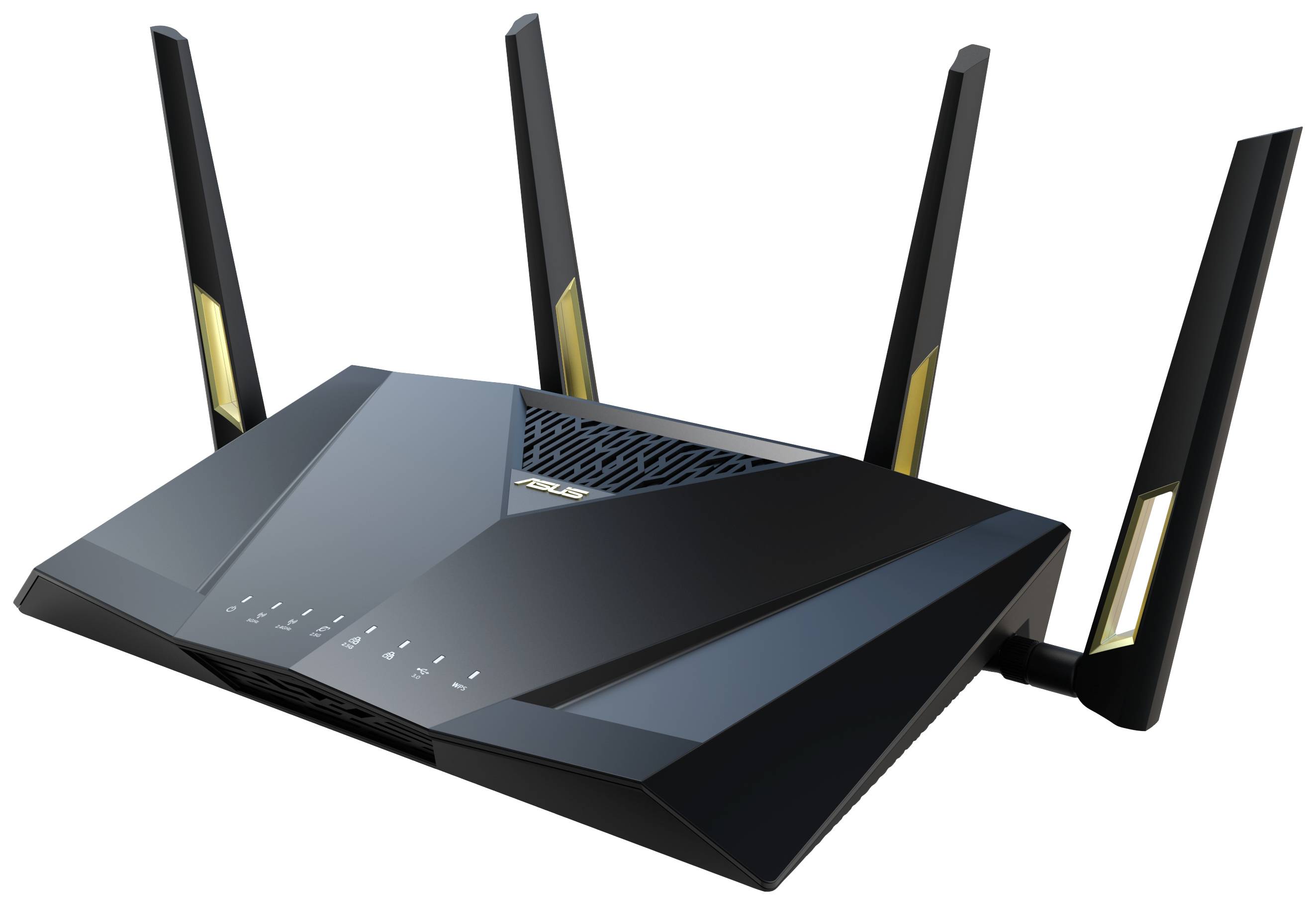 Ein moderner schwarzer WLAN-Router mit vier Antennen.