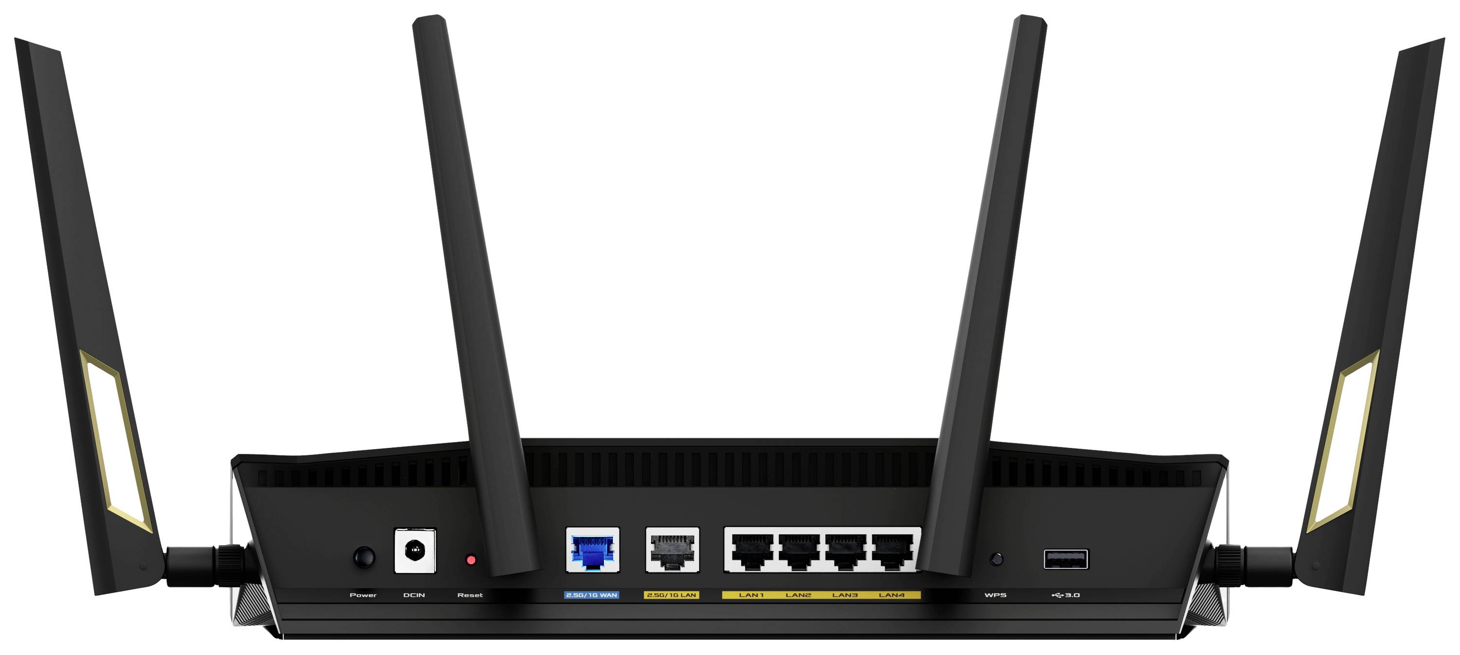 Ein Wi-Fi-Router mit vier Antennen und mehreren Anschlüssen auf der Rückseite, einschließlich Ethernet- und USB-Ports.