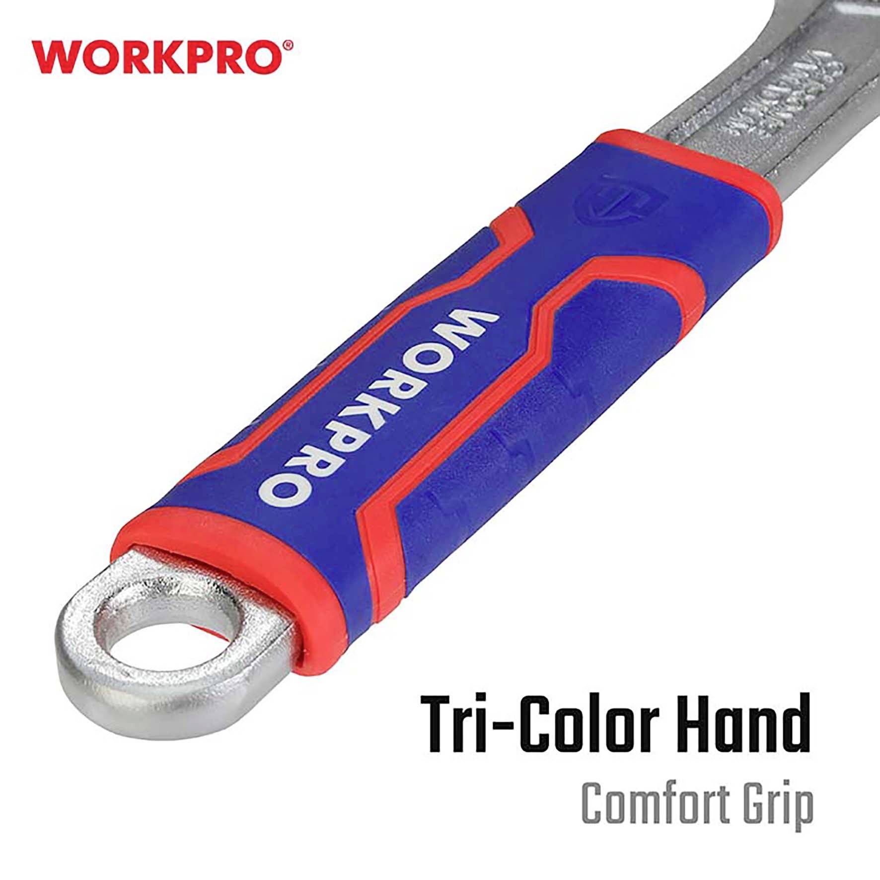 Ein Werkzeugsatz mit einem ergonomischen Griff in Blau, Rot und Silber von der Marke 'WORKPRO', gekennzeichnet als 'Tri-Color Hand' mit 'Comfort Grip'.