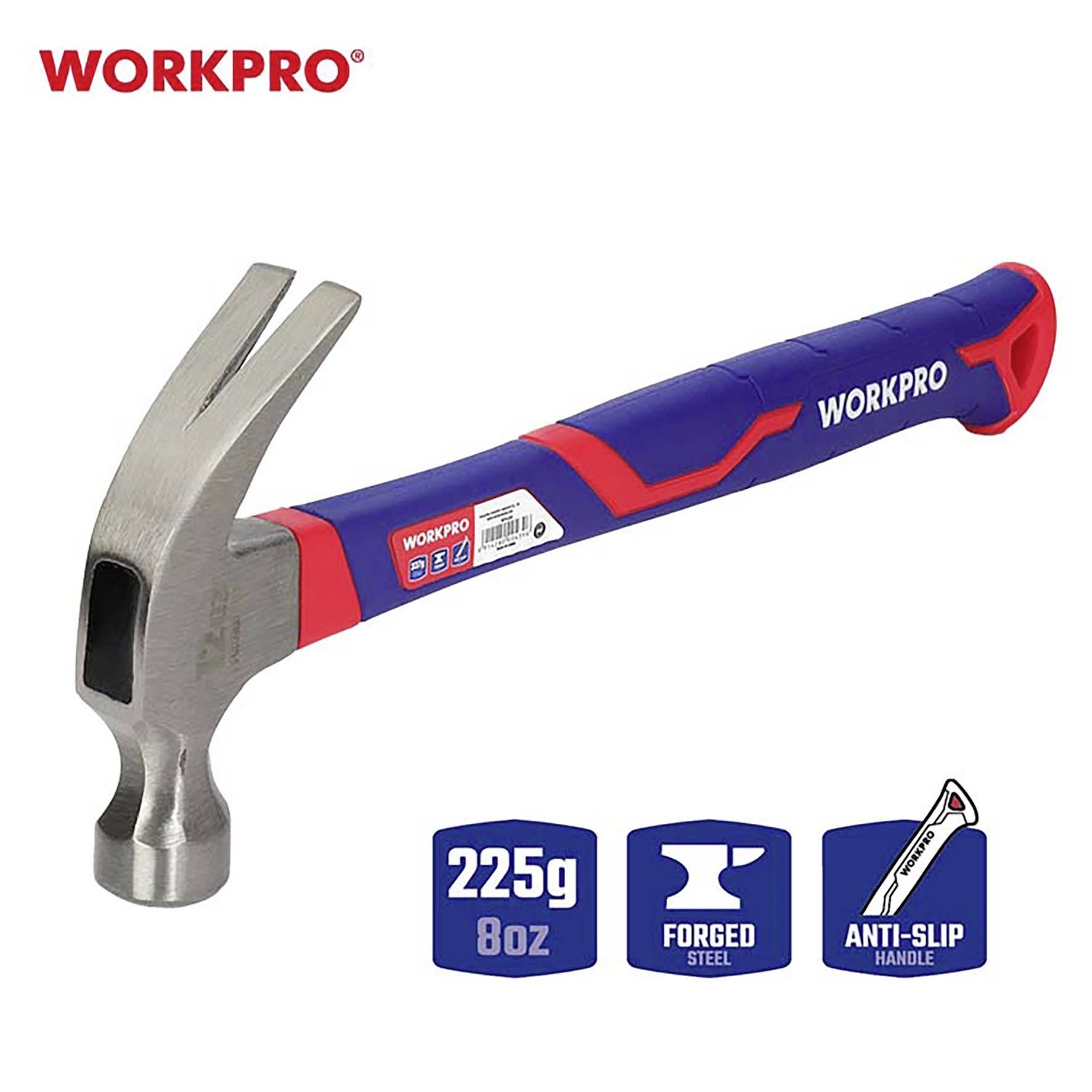 'WORKPRO'-Hammer mit rot-blauem Griff, 225g Gewicht, gefertigt aus geschmiedetem Stahl mit rutschfestem Griff.