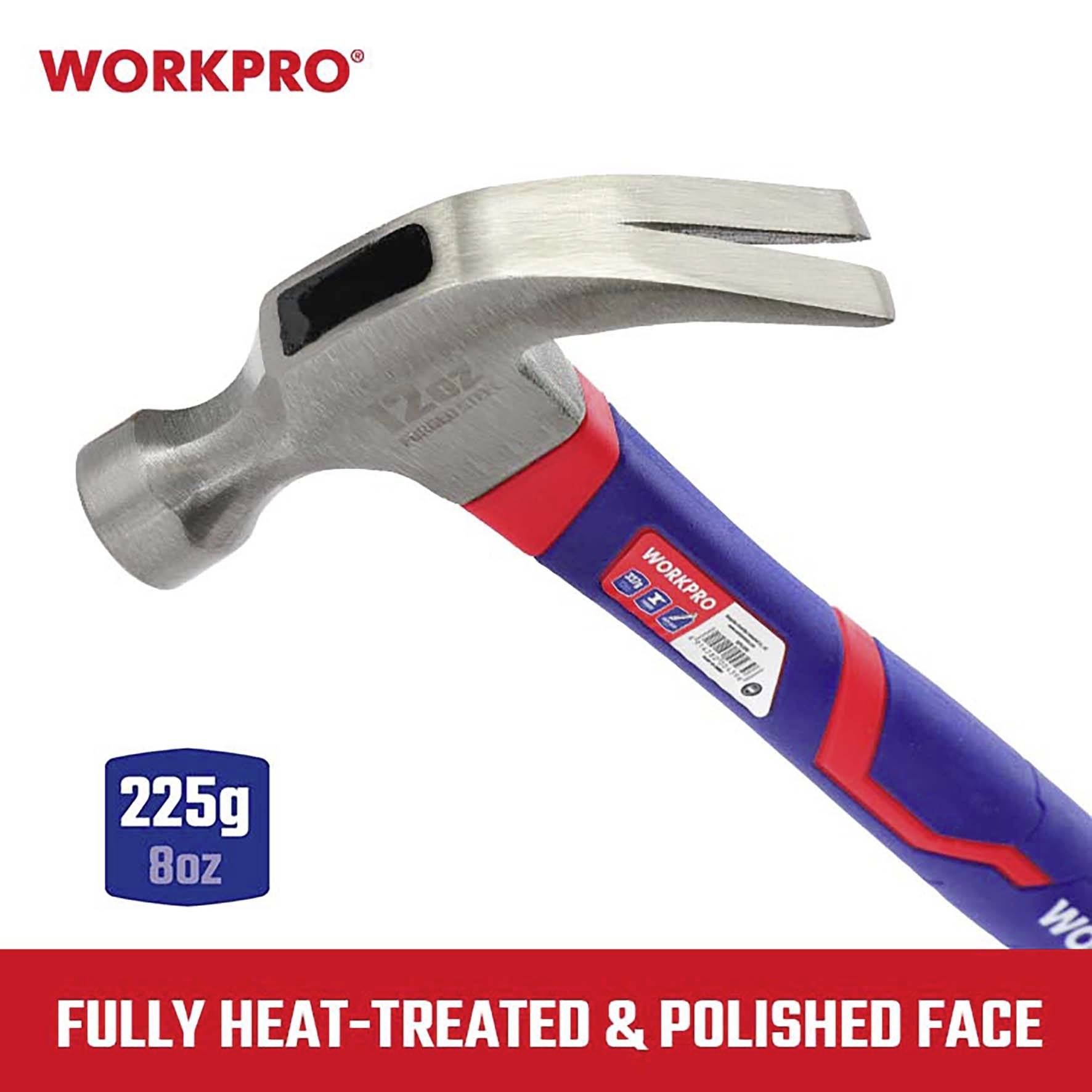 Hammer mit rotem und blauem Griff, Marke 'WORKPRO'. Text '225g 8oz' und 'FULLY HEAT-TREATED & POLISHED FACE' beschreibt Produkteigenschaften.
