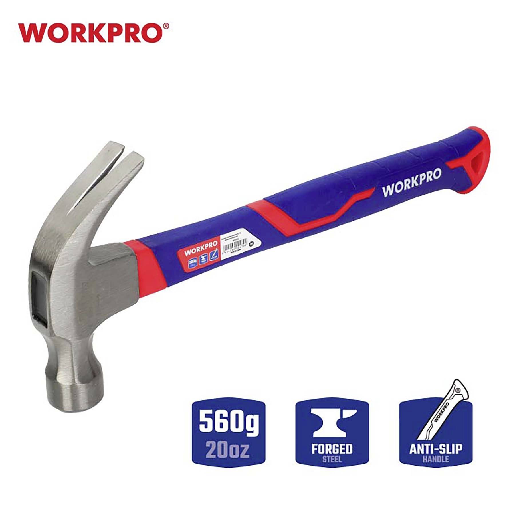 Hammer mit rotem und blauem Griff, Gewicht 560g. Merkmale: geschmiedeter Stahl, rutschfester Griff. Marke: WORKPRO.