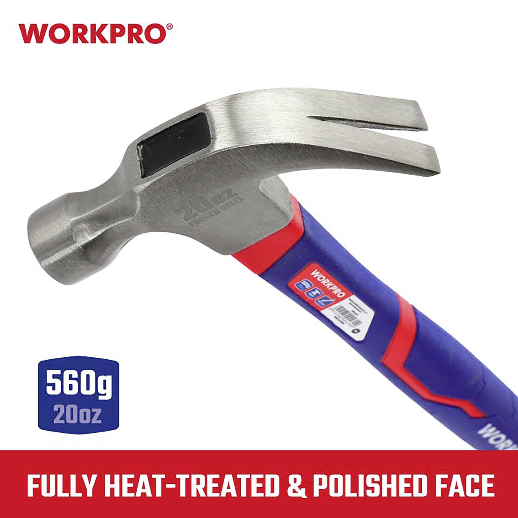 Ein Hammer mit blau-rotem Griff und der Marke 'WORKPRO' angezeigt. Gewichtsangabe: 560g. Text: 'FULLY HEAT-TREATED & POLISHED FACE'.