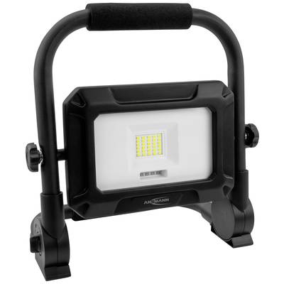 Ein tragbarer LED-Strahler mit schwarzem Rahmen und Griff, geeignet für Baustellenbeleuchtung. Energieeffizient und robust.