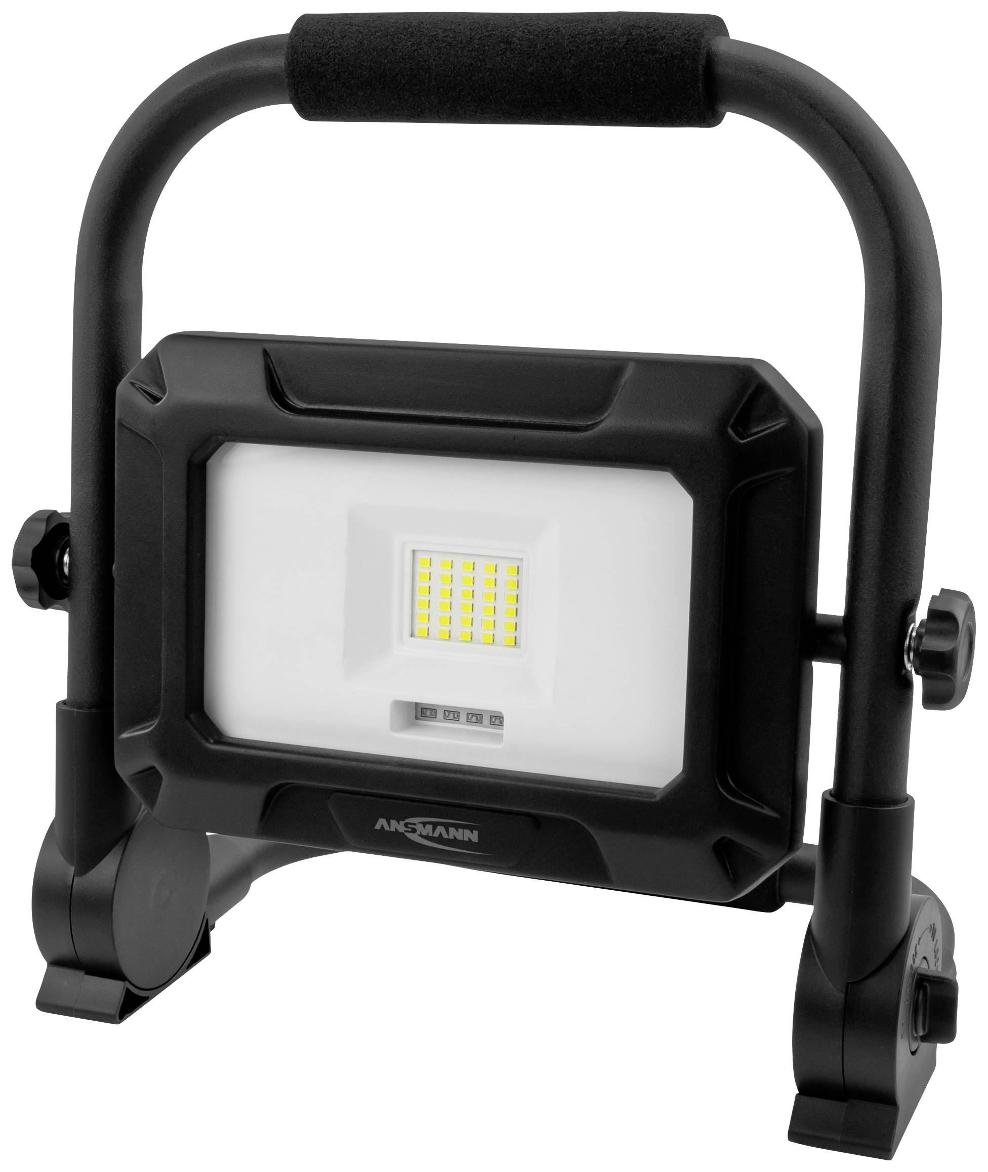 Ein tragbarer LED-Arbeitsstrahler mit robustem Gehäuse und einstellbarem Ständer, geeignet für Bauarbeiten oder Werkstätten.
