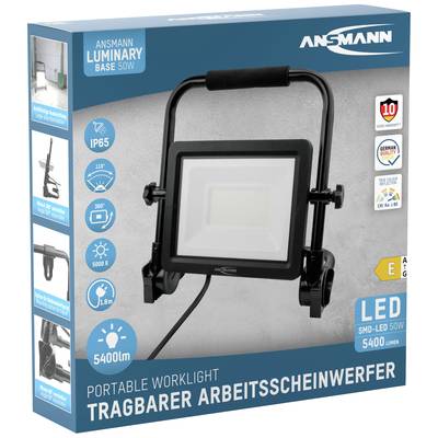 'Tragbarer Arbeitsscheinwerfer', 5400 Lumen, LED-Technologie, 50W Leistung. Verpackung zeigt Produkt mit blauer, schwarzer und weißer Beschriftung.