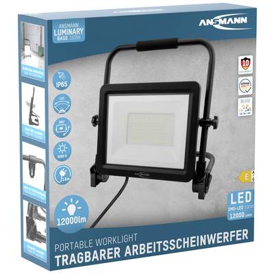 Verpackung eines tragbaren LED-Arbeitsscheinwerfers mit Bügelgriff, 12000 Lumen, IP65 zertifiziert, von Ansmann.