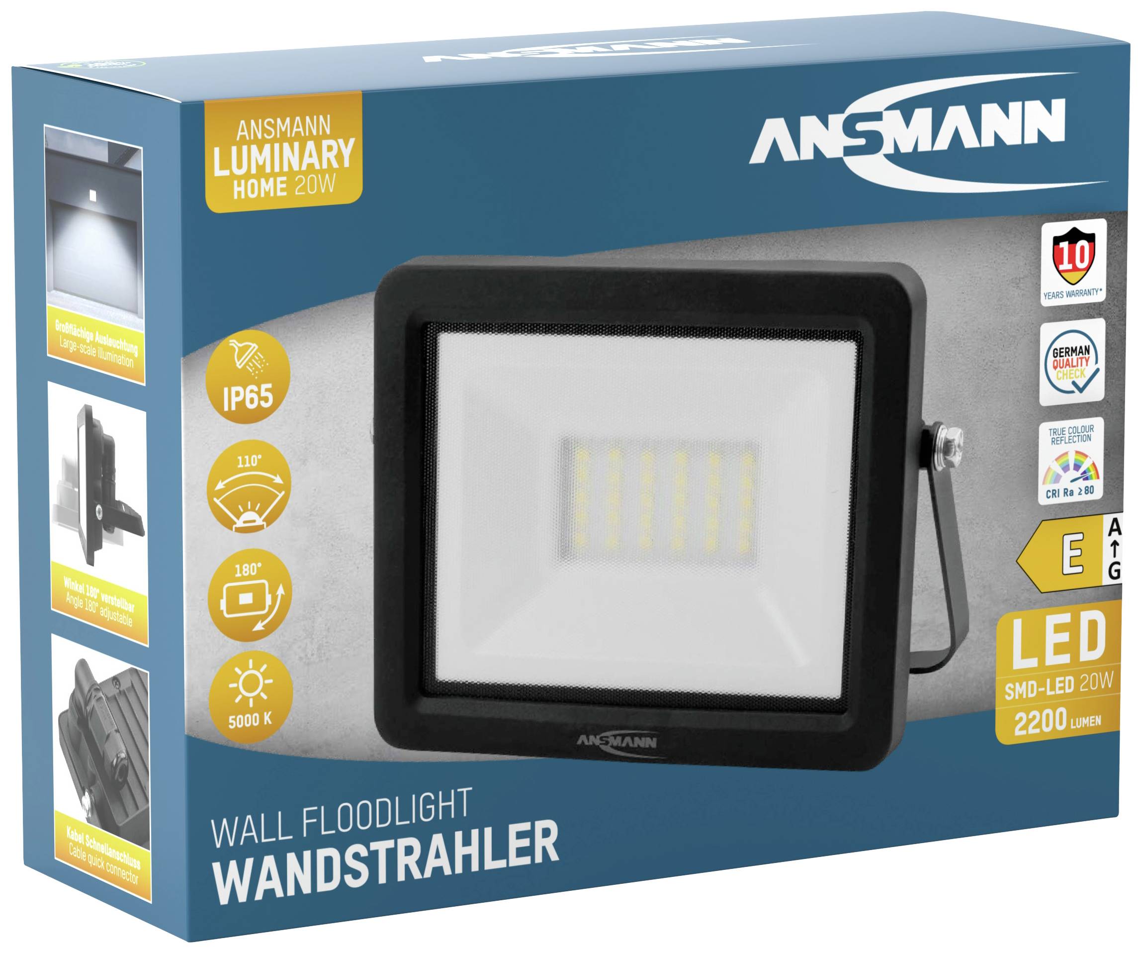 Die Verpackung zeigt einen ANSMANN LED Wandstrahler mit 20 W, IP65, 180° Abstrahlwinkel und 2200 Lumen. Geeignet für Außenbeleuchtung.