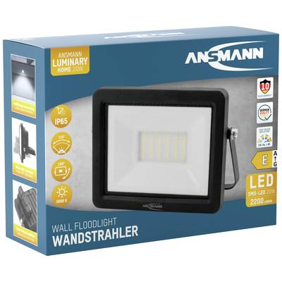 Die Verpackung zeigt einen ANSMANN LED Wandstrahler mit 20 W, IP65, 180° Abstrahlwinkel und 2200 Lumen. Geeignet für Außenbeleuchtung.