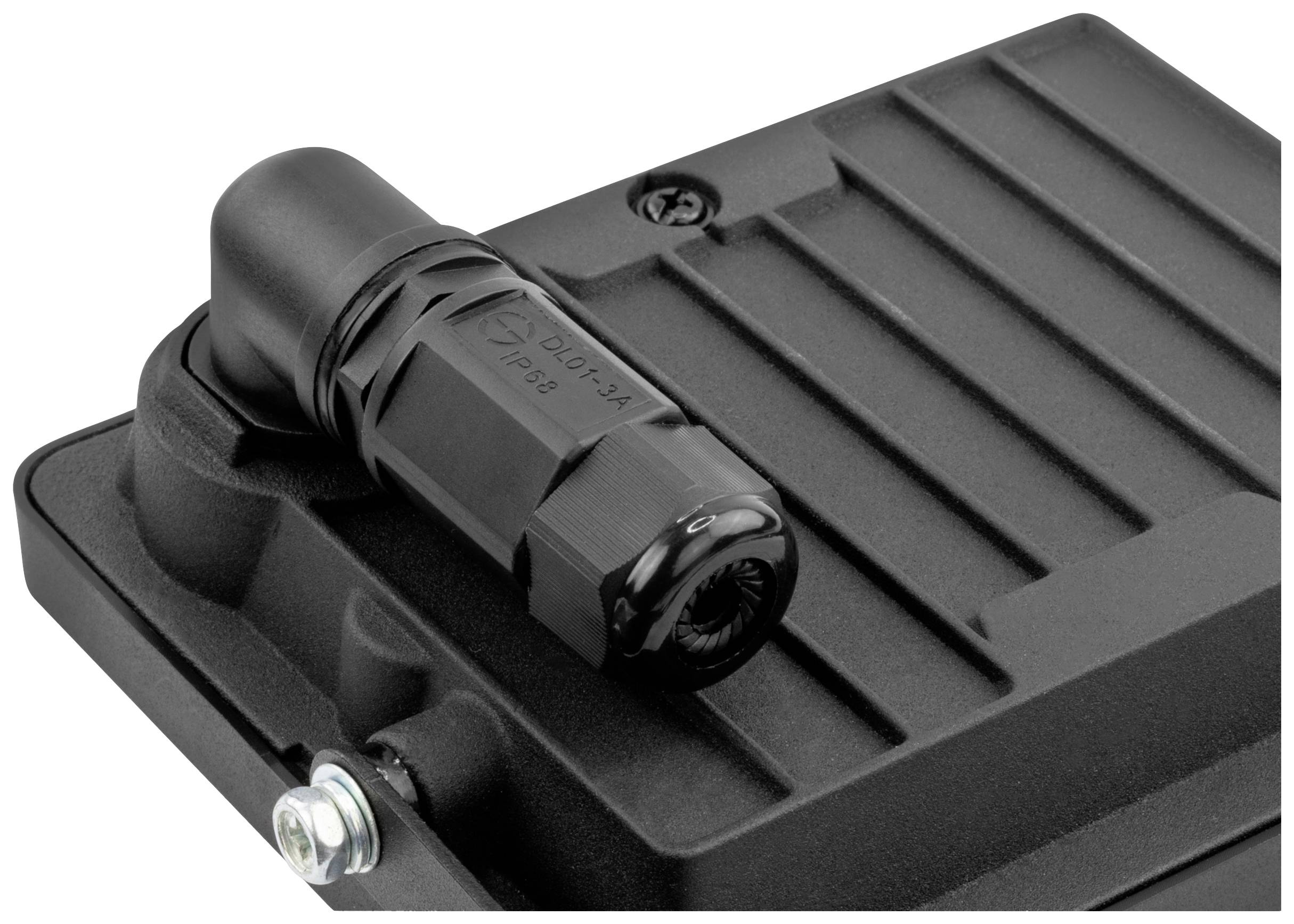 Schwarzes elektronisches Gerät, Nahaufnahme eines Anschlusses mit Beschriftung 'IP68', zeigt robustes, wasserdichtes Design.