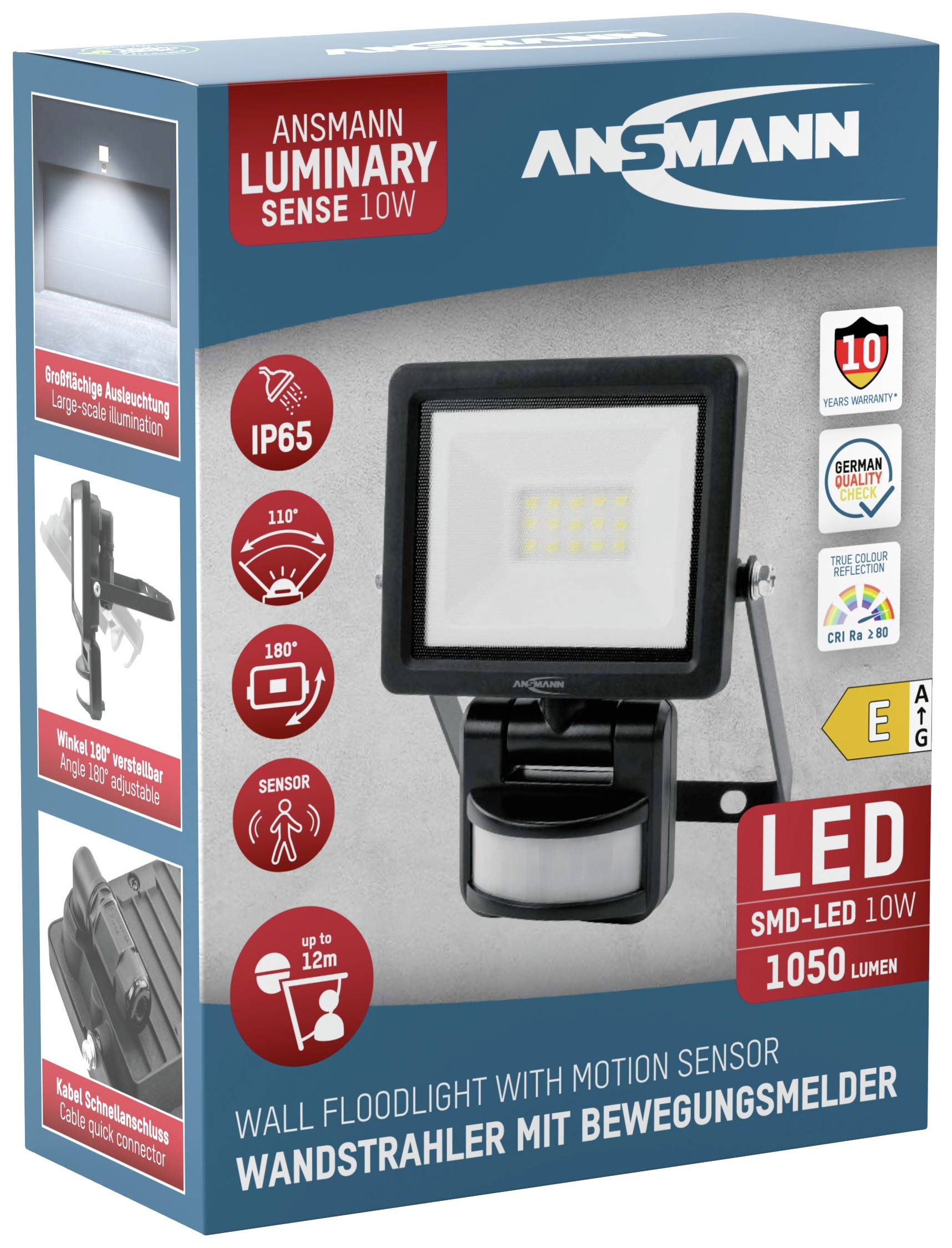 'Wandstrahler mit Bewegungsmelder, LED SMD-LED 10W, 1050 Lumen, IP65, ideal für Außenbeleuchtung. Erkennt Bewegung bis zu 12m.'