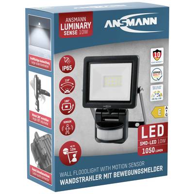 'Wandstrahler mit Bewegungsmelder, LED SMD-LED 10W, 1050 Lumen, IP65, ideal für Außenbeleuchtung. Erkennt Bewegung bis zu 12m.'
